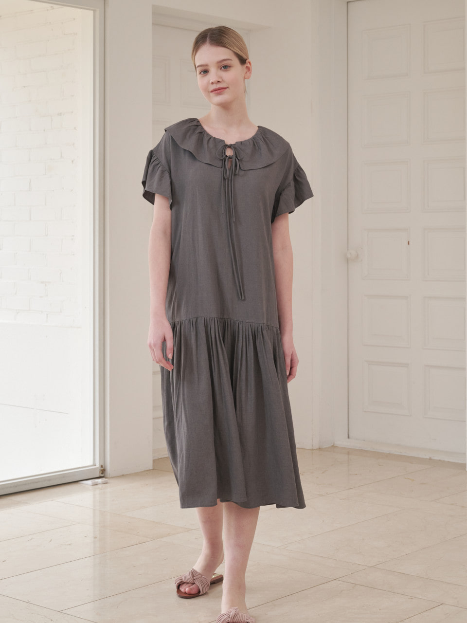 Linen Shirring Long Dress_Charcoal