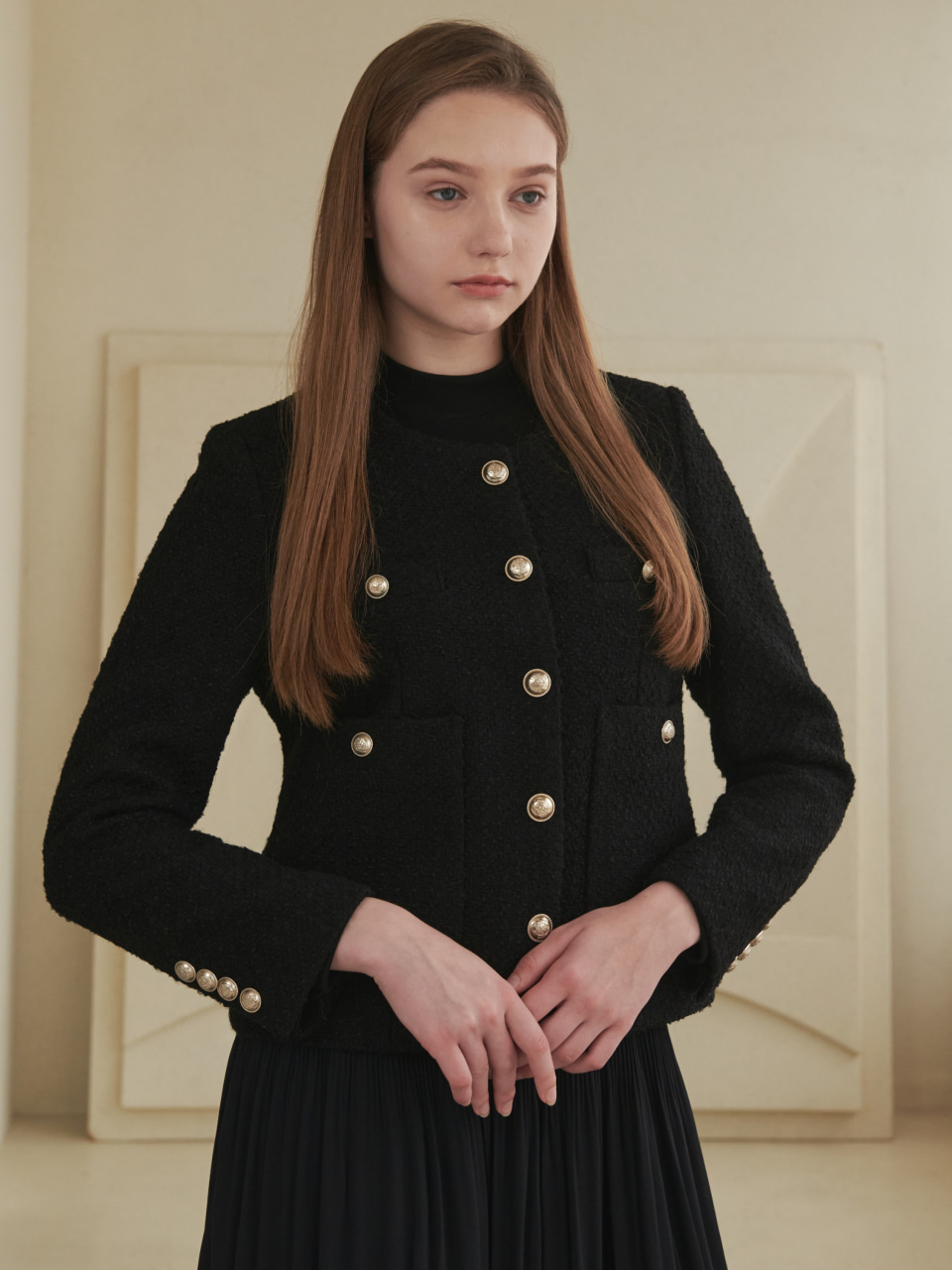 Wool button tweed jacket black